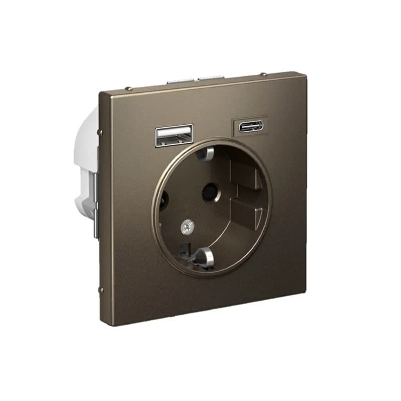 Дизайнерская розетка Systeme Electric ArtGallery с заземлением, защитными шторками и портами USB Type-A, Type-C, цвет мокко