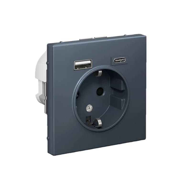 Дизайнерская розетка Systeme Electric ArtGallery с заземлением, защитными шторками и портами USB Type-A, Type-C, цвет грифель