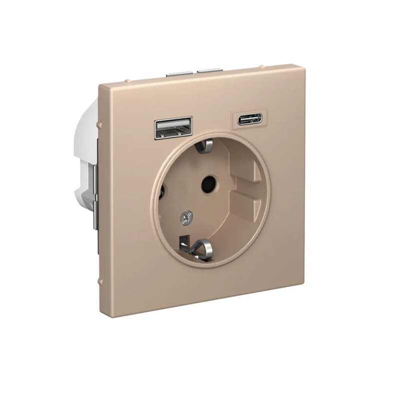 Дизайнерская розетка Systeme Electric ArtGallery с заземлением, защитными шторками и портами USB Type-A, Type-C, цвет песочный
