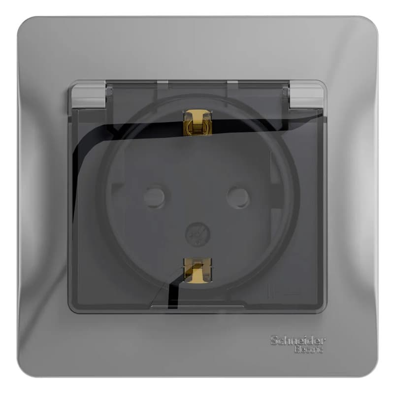 Розетка силовая с заземлением, защитными шторками, крышкой и рамкой Systeme Electric (Schneider) Glossa, цвет алюминий
