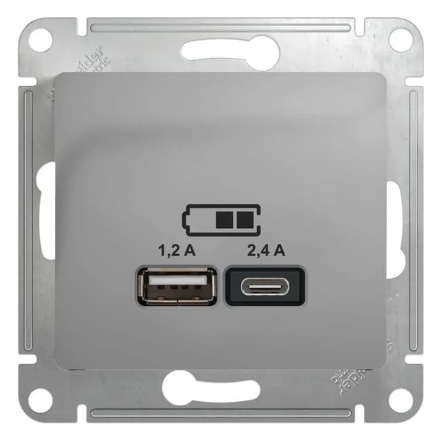 Розетка двойная USB Type-A и Type-C Systeme Electric (Schneider) Glossa, цвет алюминий