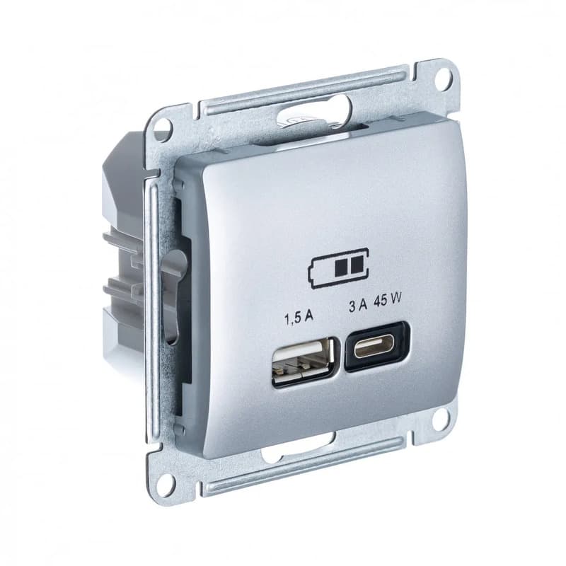 Розетка двойная USB Type-A и Type-C Systeme Electric (Schneider) Glossa, цвет алюминий