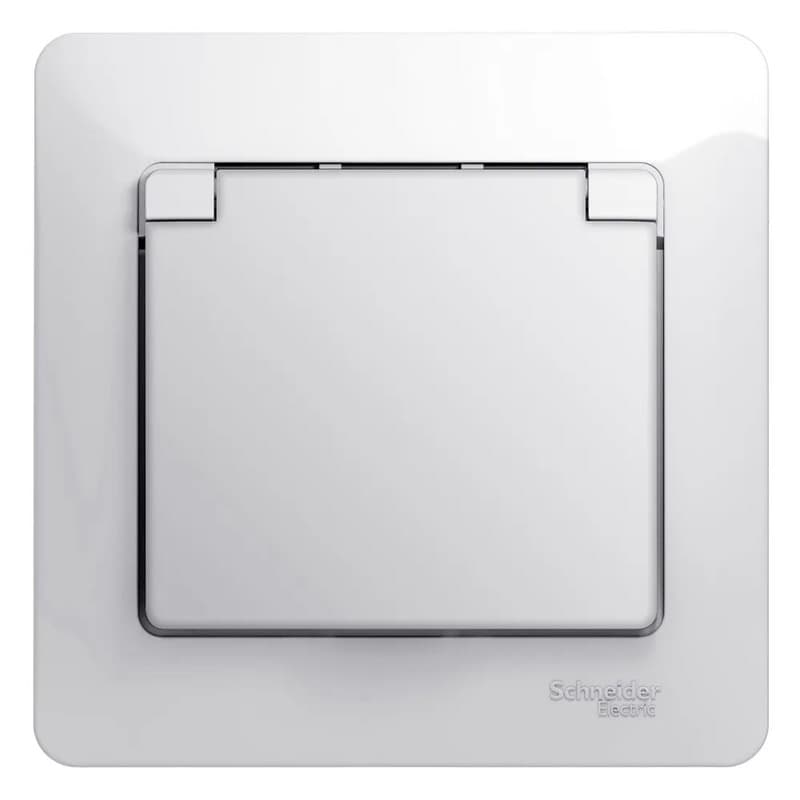Розетка силовая с заземлением, защитными шторками, крышкой и рамкой Systeme Electric (Schneider) Glossa, цвет белый