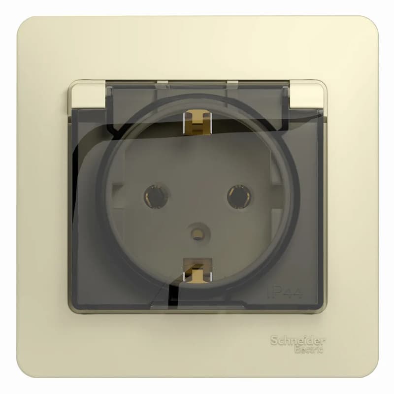 Розетка силовая с заземлением, защитными шторками, крышкой и рамкой Systeme Electric (Schneider) Glossa, цвет бежевый