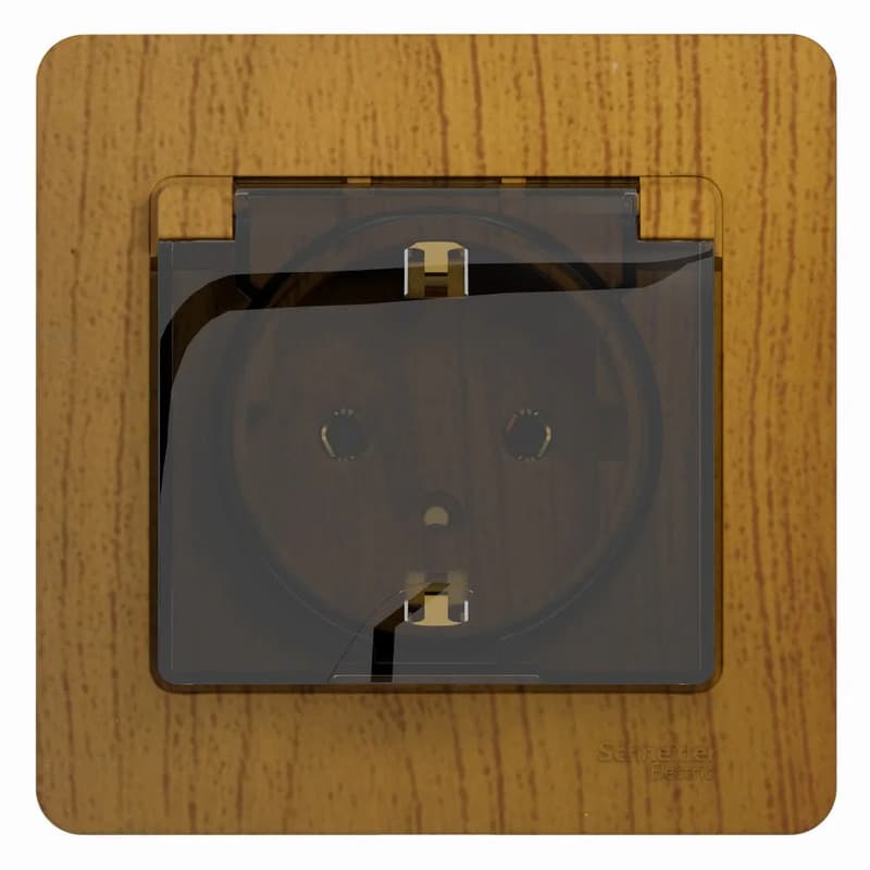 Розетка силовая с заземлением, защитными шторками, крышкой и рамкой Systeme Electric (Schneider) Glossa, цвет дуб