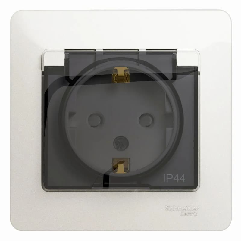 Розетка силовая с заземлением, защитными шторками, крышкой и рамкой Systeme Electric (Schneider) Glossa, цвет перламутр