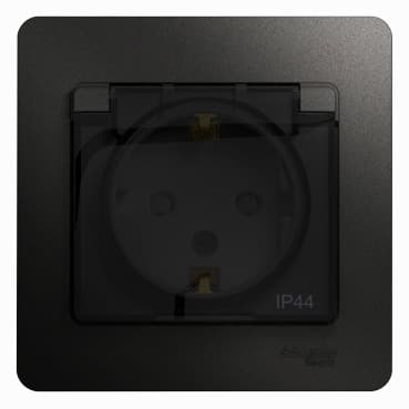 Розетка Schneider Electric Glossa антрацит с крышкой, шторками и рамкой GSL000748 для влажных помещений