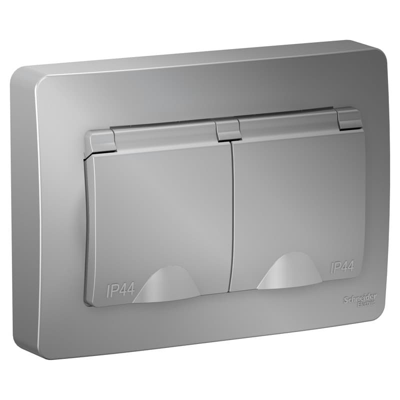 Розетка двойная с крышкой и защитными шторками Schneider Electric Blanca алюминий BLNRS441123