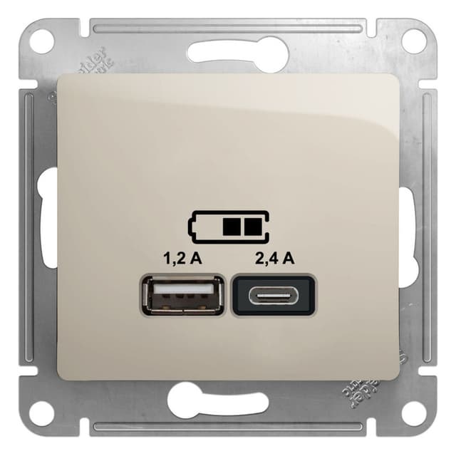 Розетка Systeme Electric Glossa молочный цвет с портами USB Type-A и Type-C GSL000939