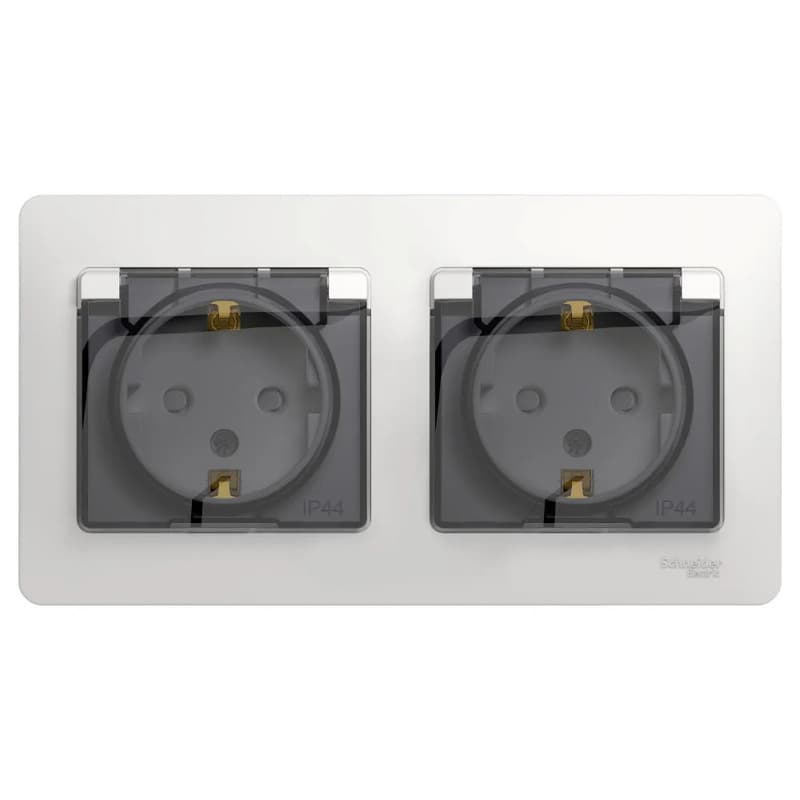 Розетка двойная силовая с заземлением, защитными шторками, крышкой и рамкой Systeme Electric (Schneider) Glossa, цвет белый
