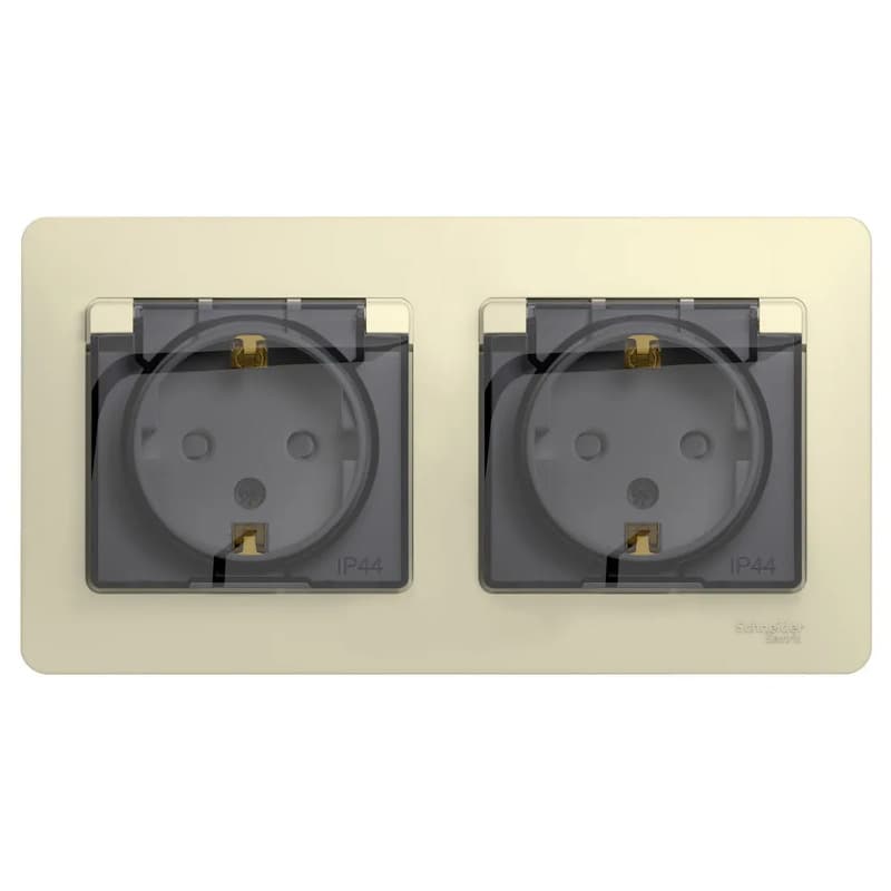 Розетка двойная силовая с заземлением, защитными шторками, крышкой и рамкой Systeme Electric (Schneider) Glossa, цвет бежевый