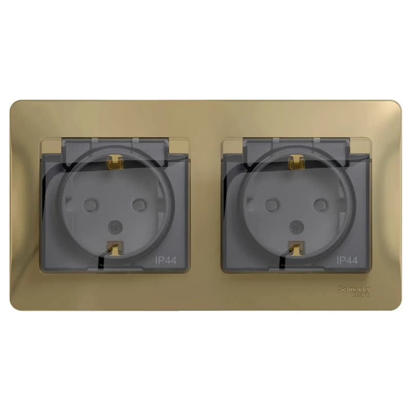 Розетка двойная силовая с заземлением, защитными шторками, крышкой и рамкой Systeme Electric (Schneider) Glossa, цвет титан