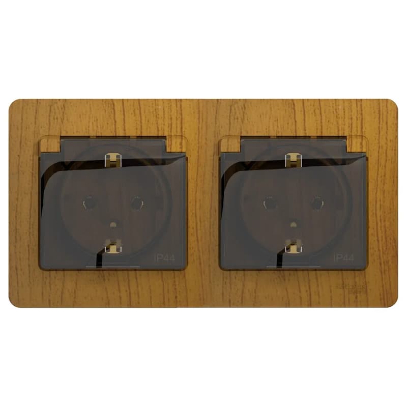 Розетка двойная силовая с заземлением, защитными шторками, крышкой и рамкой Systeme Electric (Schneider) Glossa, цвет дуб