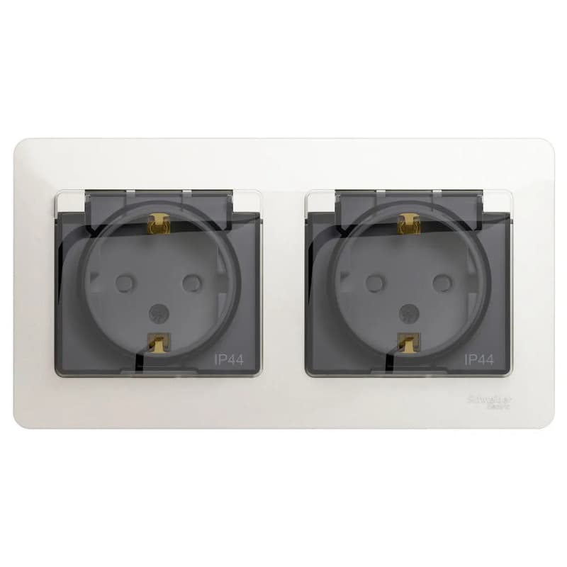 Розетка двойная силовая с заземлением, защитными шторками, крышкой и рамкой Systeme Electric (Schneider) Glossa, цвет перламутр