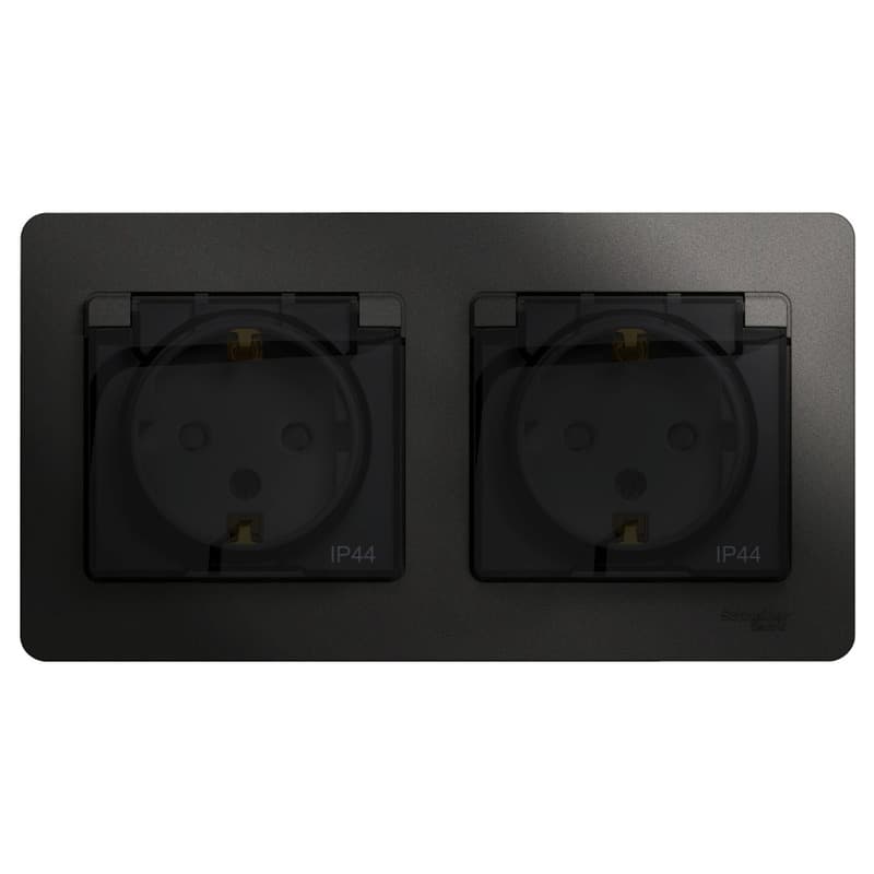Розетка двойная Schneider Electric Glossa антрацит с крышкой, шторками и рамкой GSL000747