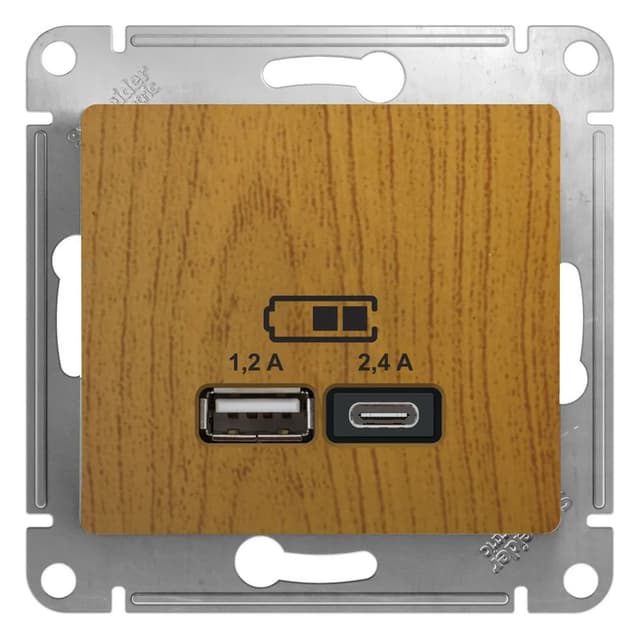 Розетка двойная USB Type-A и Type-C Systeme Electric (Schneider) Glossa, цвет дуб