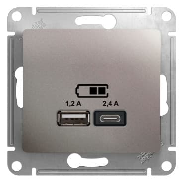 Розетка Systeme Electric (ранее Schneider Electric) серии Glossa (цвет платина) двойная USB с разъемами типа A+C. Выполнена из материала PС+ASA, стойкого к УФ-излучению и появлению царапин. Самая современная USB-зарядка с двумя разъемами позволяет заряжать как стандартные мобильные устройства через разъем типа А, так и новейшие устройства, в том числе ноутбуки, с разъемом типа С.