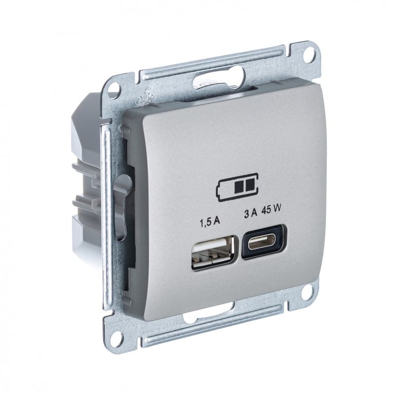 Розетка Schneider Electric Glossa цвет платина с портами USB Type-A и Type-C GSL001229