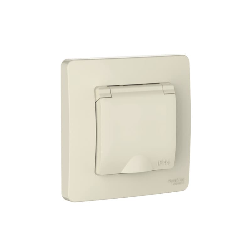 Розетка с заземлением, защитными шторками и крышкой Systeme Electric Blanca BLNRS441112, цвет молочный, влагозащита, для ванной или улицы.