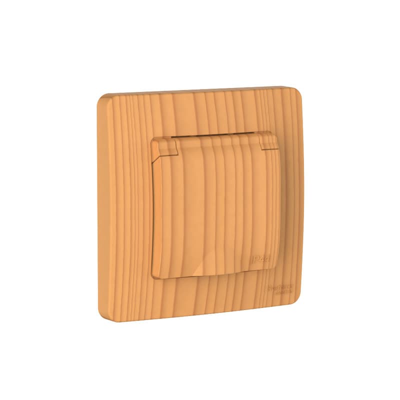 Розетка с заземлением, защитными шторками и крышкой Systeme Electric Blanca BLNRS441115, цвет ясень, влагозащита, для ванной или улицы.