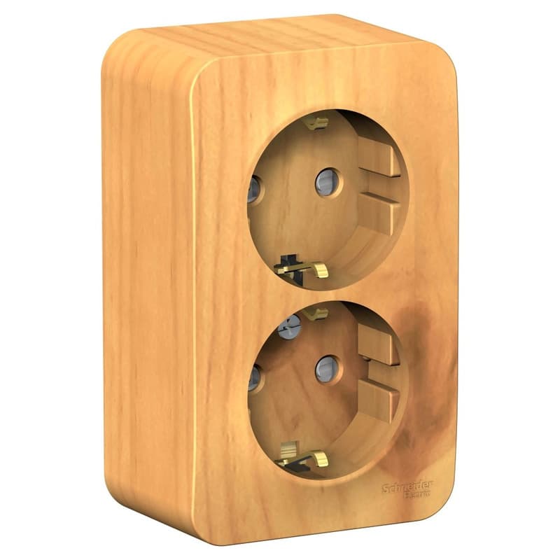 Розетка двойная с заземлением и защитными шторками Systeme Electric Blanca BLNRA011215, цвет ясень, накладная открытой установки, безопасность для детей.