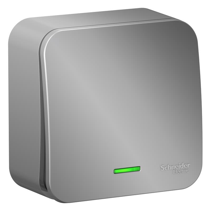 Выключатель одноклавишный проходной с подсветкой Systeme Electric Blanca BLNVA106113, цвет алюминий, световой индикатор, управление светом из двух точек.