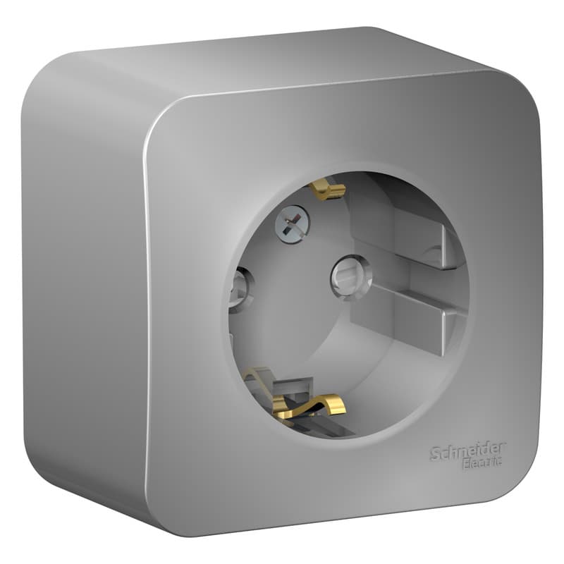 Розетка с заземлением и защитными шторками Systeme Electric Blanca BLNRA011113, цвет алюминий, детская безопасность, металлический дизайн, скрытый монтаж.