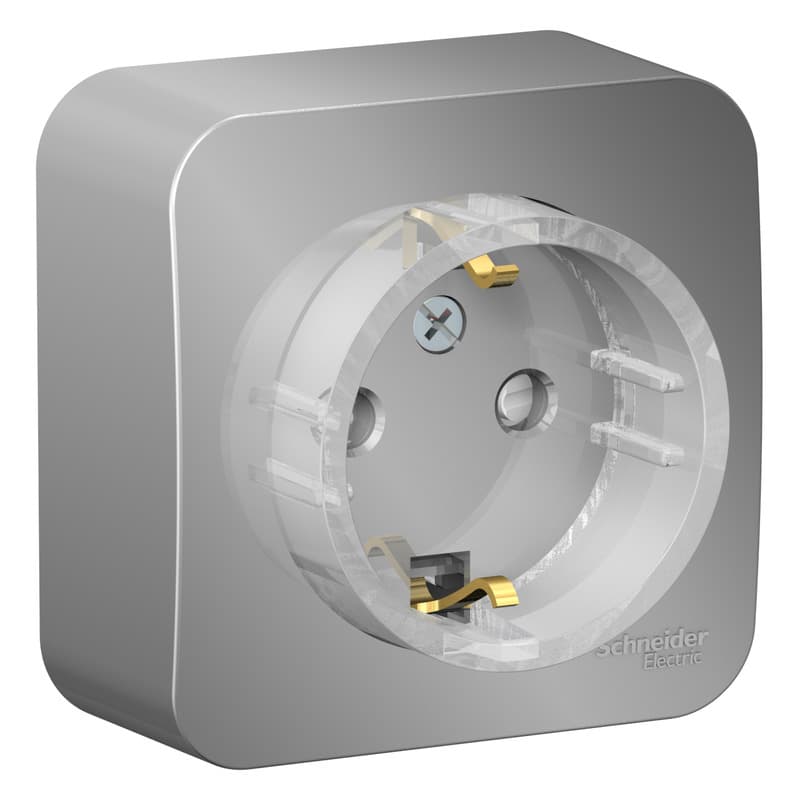 Розетка с заземлением и защитными шторками Systeme Electric Blanca BLNRA111113, цвет алюминий, защита от детей, металлический дизайн, скрытый монтаж.