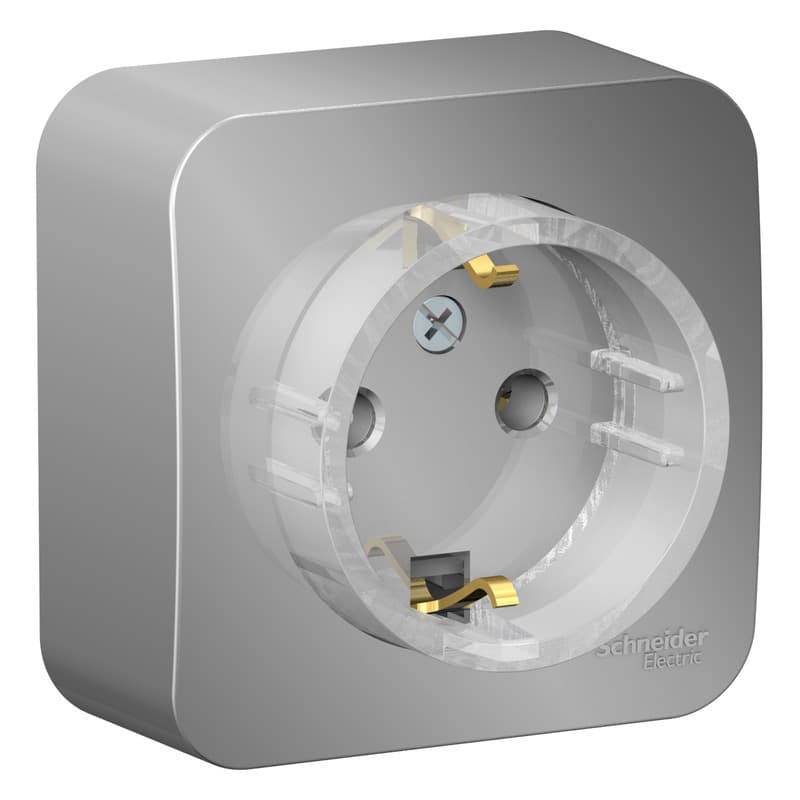 Розетка с заземлением Systeme Electric Blanca BLNRA110113, цвет алюминий, с заземляющим контактом, металлизированный корпус, скрытый монтаж.