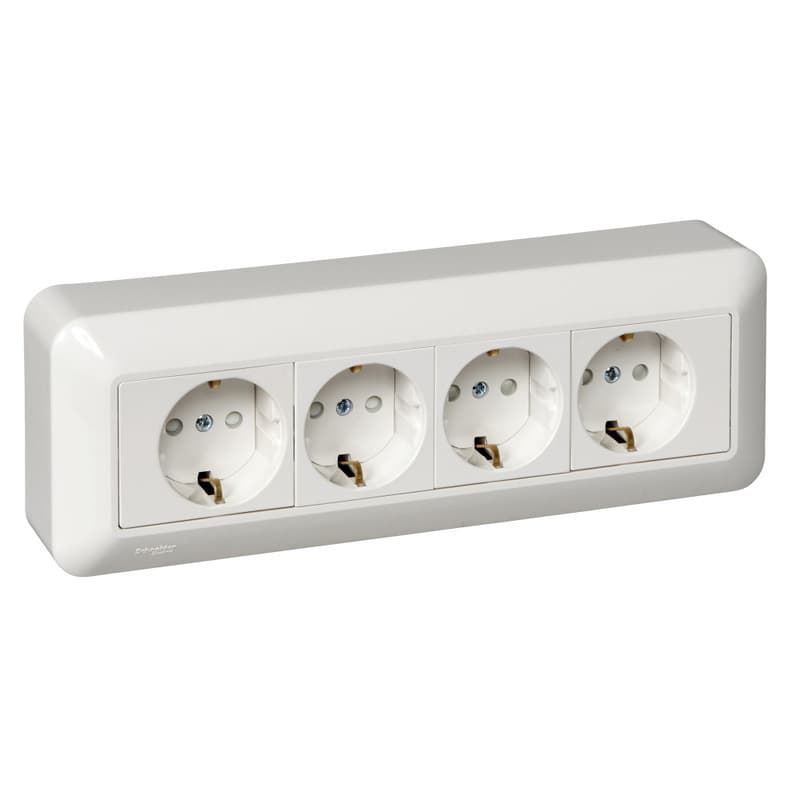 Розетка четверная с заземлением и защитными шторками Systeme Electric Blanca RA16-411M-B, цвет белый, защита от детей, четыре разъема с заземлением