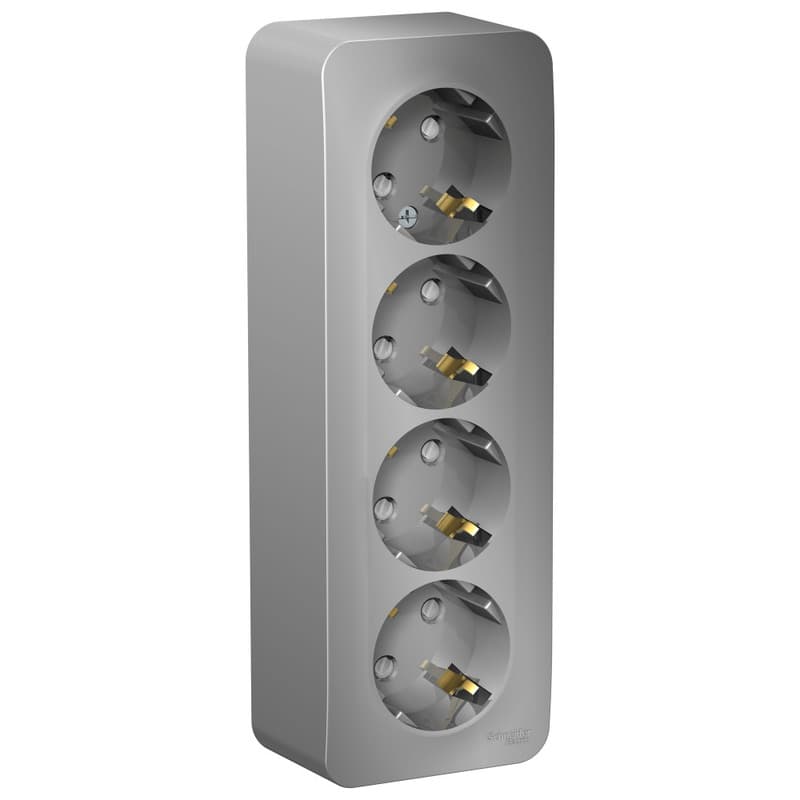 Розетка четверная с заземлением и защитными шторками Systeme Electric Blanca BLNRA011413, цвет алюминий, защита от детей, четыре евроразъема с заземлением.