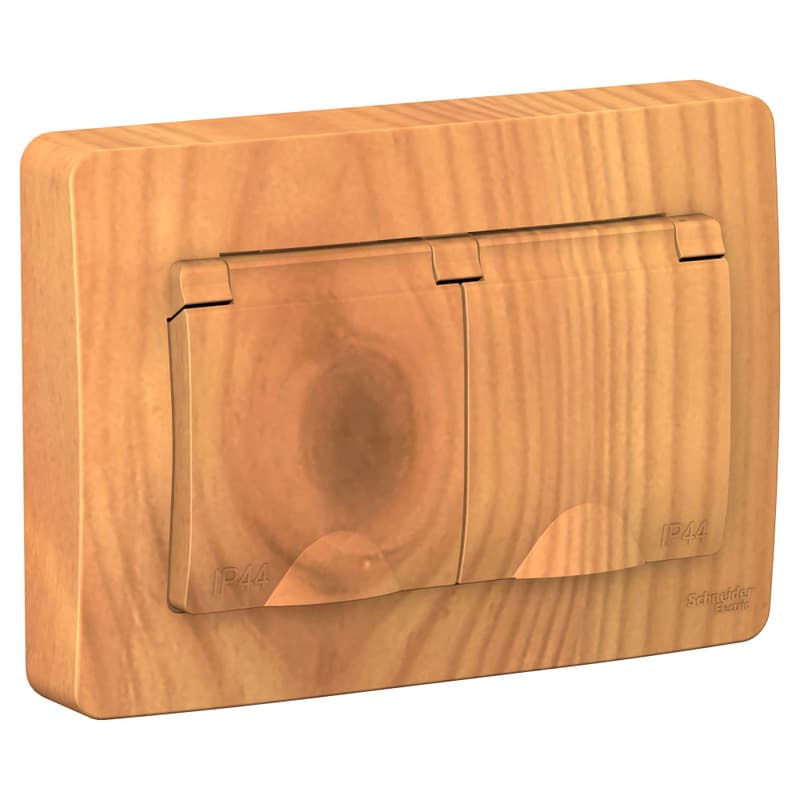 Розетка двойная с заземлением, защитными шторками и крышкой Systeme Electric Blanca BLNRS441125, цвет ясень, влагозащищенная, два разъема, для улицы или ванной.