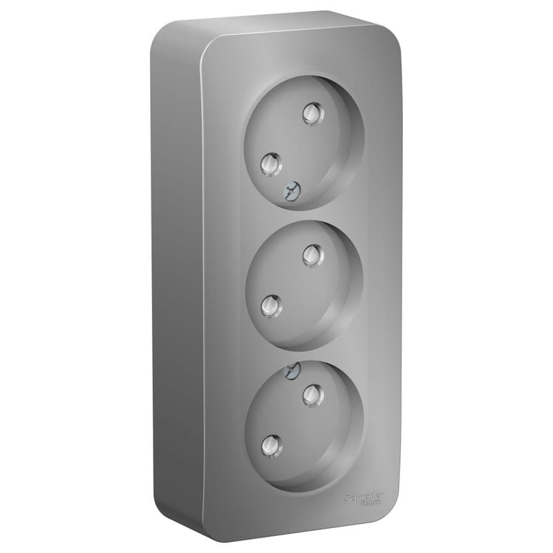 Розетка тройная без заземления с защитными шторками Systeme Electric Blanca BLNRA001313, цвет алюминий, защита от детей, три евроразъема.