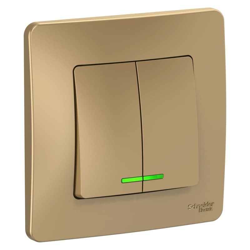 Выключатель двухклавишный с подсветкой Systeme Electric Blanca BLNVS010514, цвет титан, светящиеся клавиши, управление двумя линиями освещения.