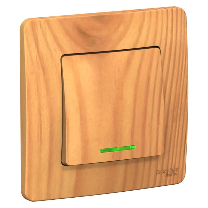 Выключатель одноклавишный проходной с подсветкой Systeme Electric Blanca BLNVS010615, цвет ясень, световой индикатор, управление светом из двух точек.