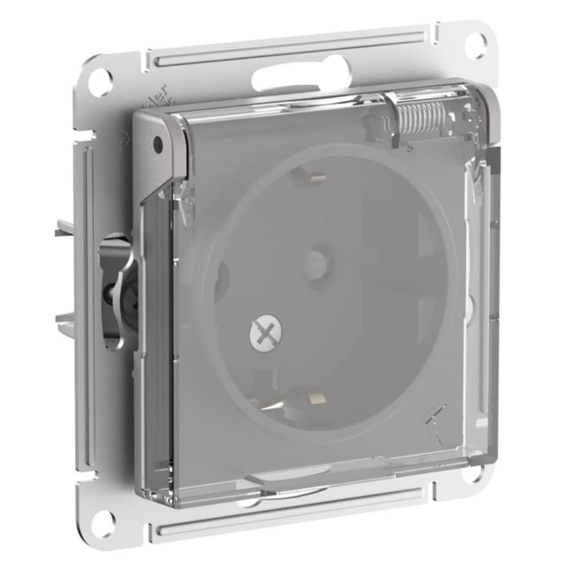 Розетка с заземлением, защитными шторками и прозрачной крышкой Systeme Electric AtlasDesign Aqua ATN440346, IP44, 16А, цвет алюмини