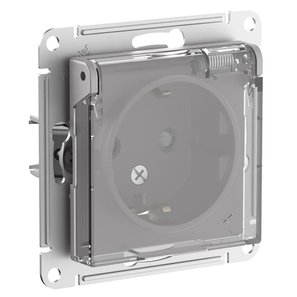 Розетка с заземлением, защитными шторками и прозрачной крышкой Systeme Electric AtlasDesign Aqua ATN440346, IP44, 16А, цвет алюмини