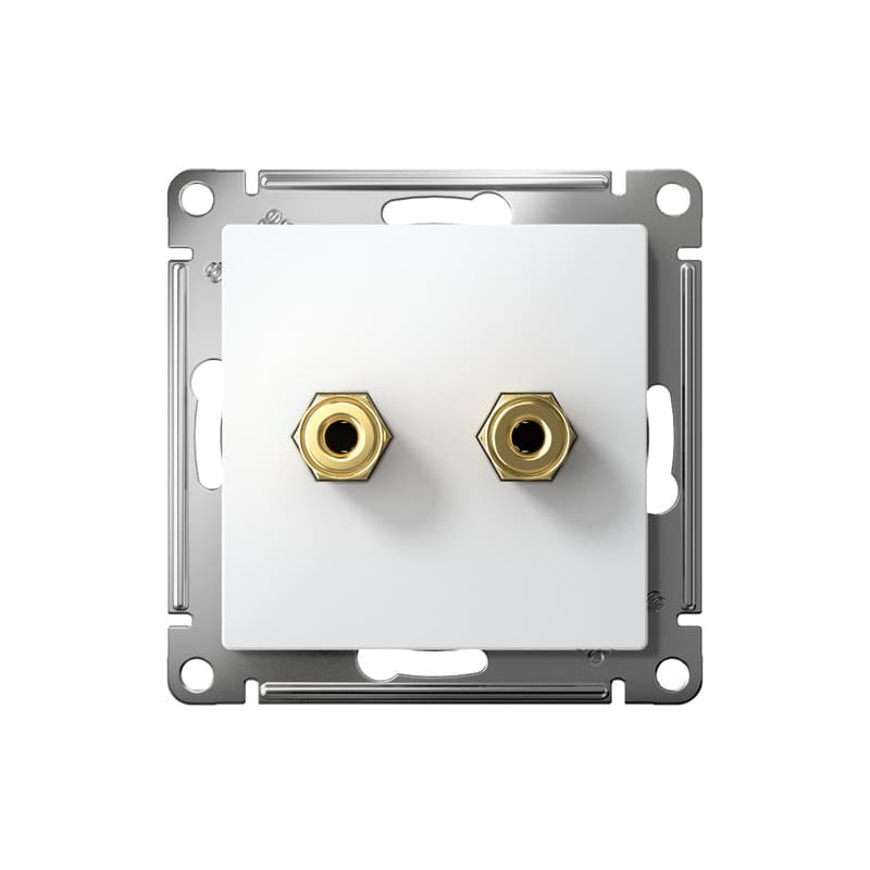 Розетка аудио двойная Systeme Electric AtlasDesign ATN000187, цвет белый, механизм с накладкой, разъемы RCA (тюльпан), для скрытого монтажа - вид спереди