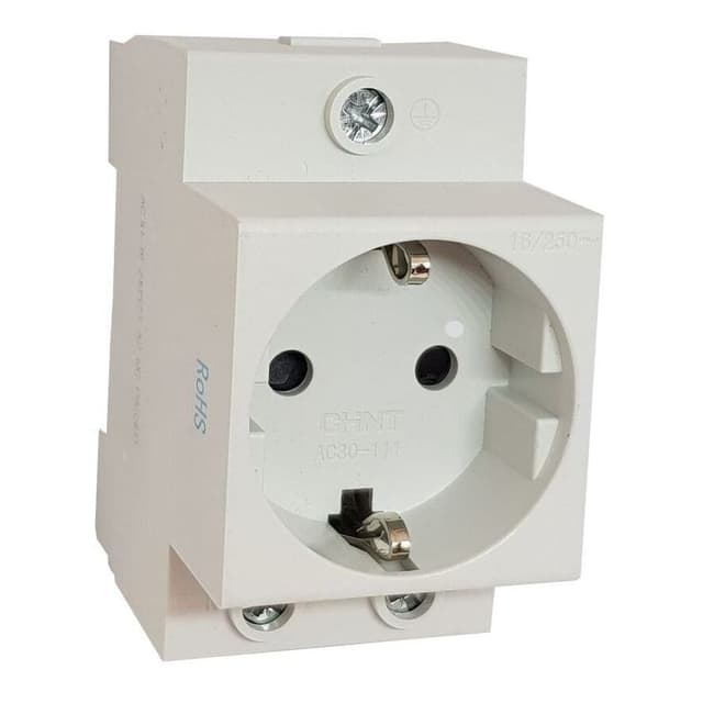 Розетка модульная с заземлением Chint AC30-111, на DIN-рейку, номинальный ток 16А, артикул 775001