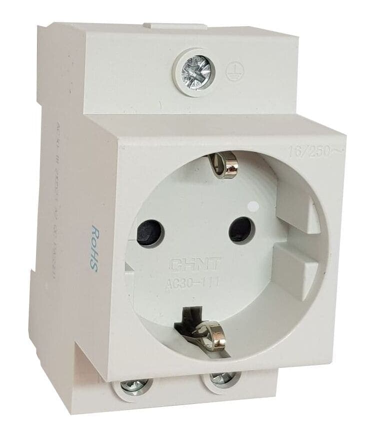 Розетка модульная с заземлением Chint AC30-111, на DIN-рейку, номинальный ток 16А, артикул 775001