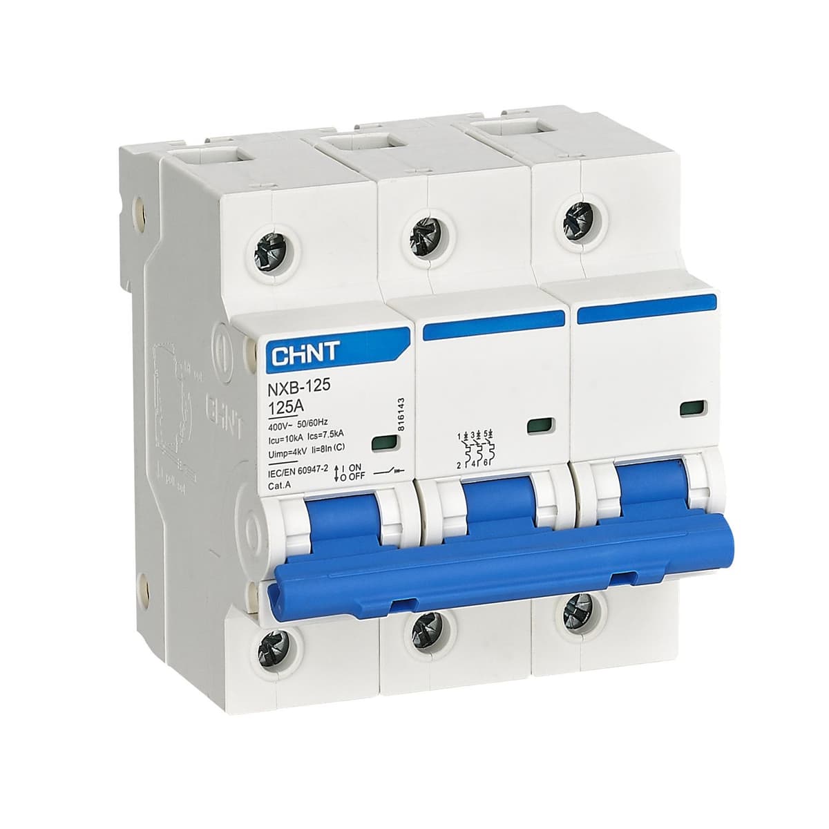 Автоматический выключатель модульный Chint NXB-125 3P, характеристика C, номинальный ток 63А, отключающая способность 10кА, артикул 816137