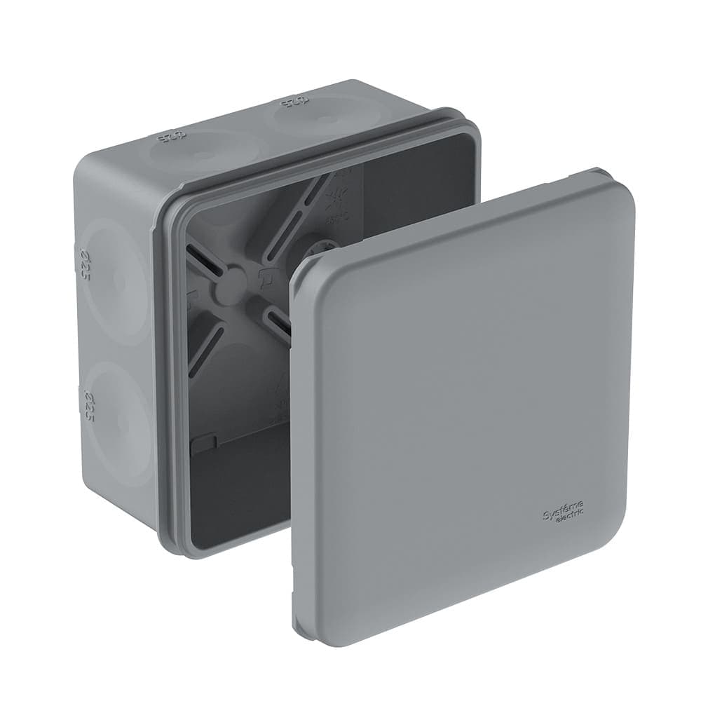 Коробка распределительная для сплошных стен Systeme Electric IMT351971, IP66, размер 85х85х42 мм, серая, с 8 мембранными вводами D25, для монтажа пристреливанием