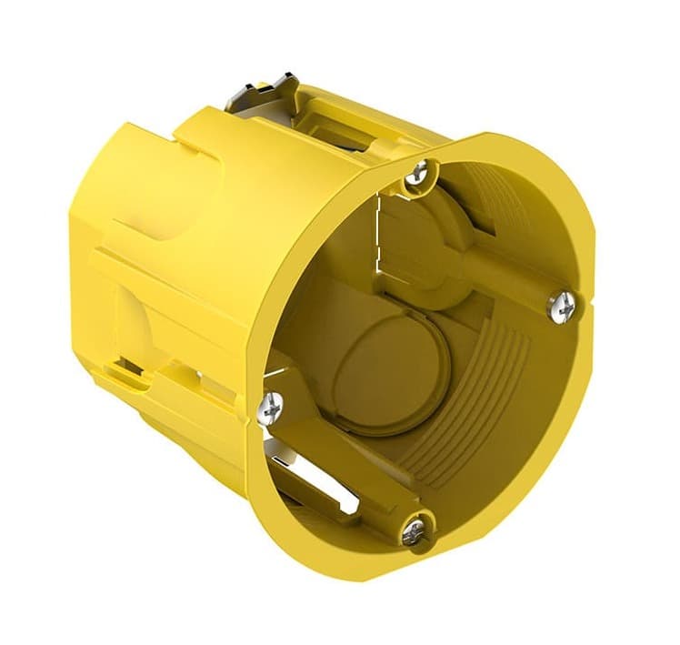 Подрозетник для полых стен Systeme Electric IMT35151, установочная коробка D68х60мм, желтая, с металлическими лапками, для гипсокартона, 8 вводов