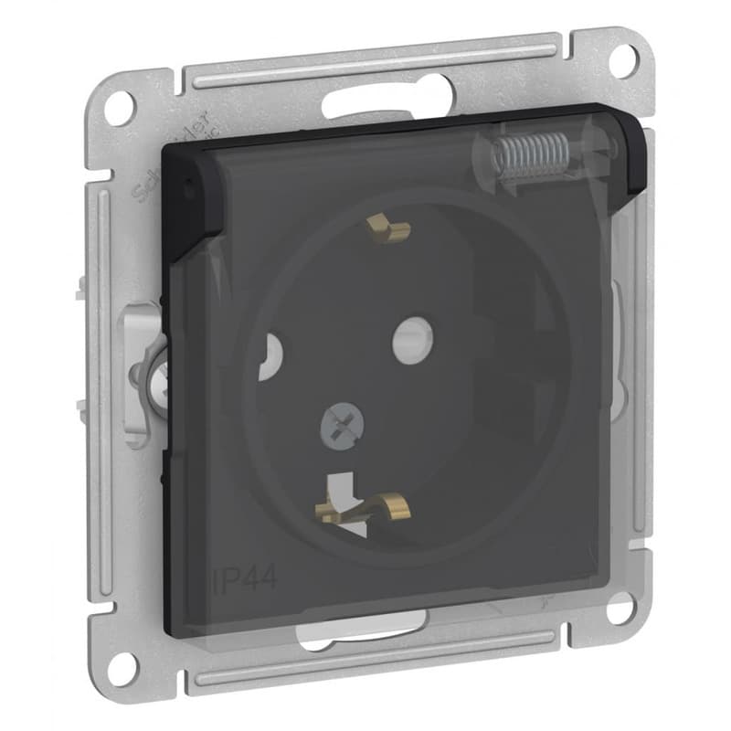 Розетка с заземлением, защитными шторками и прозрачной крышкой Systeme Electric AtlasDesign Aqua ATN441046, IP44, 16А, цвет карбон