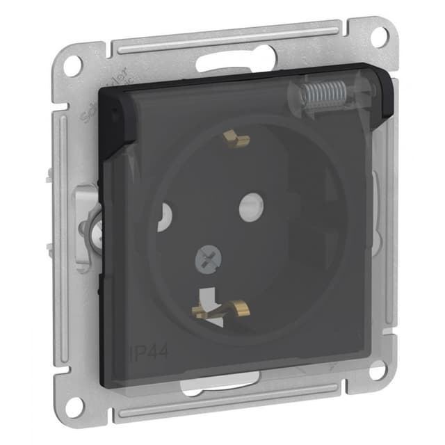 Розетка с заземлением, защитными шторками и прозрачной крышкой Systeme Electric AtlasDesign Aqua ATN441046, IP44, 16А, цвет карбон