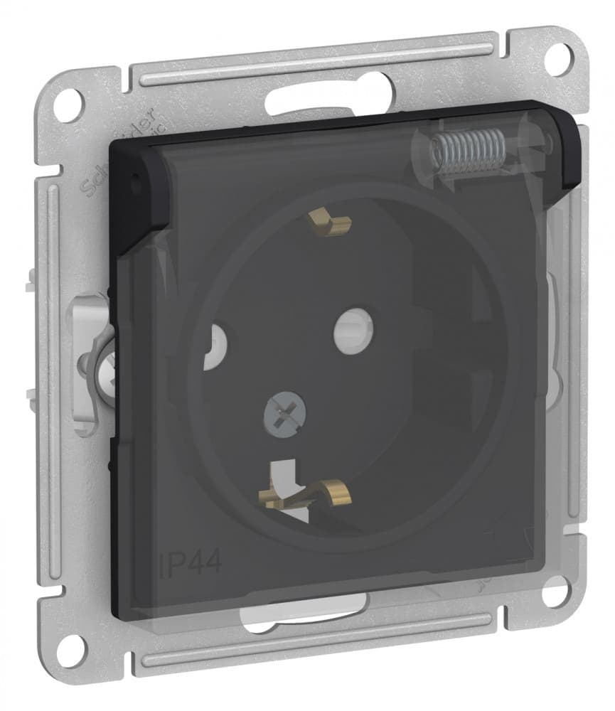 Розетка с заземлением, защитными шторками и прозрачной крышкой Systeme Electric AtlasDesign Aqua ATN441046, IP44, 16А, цвет карбон
