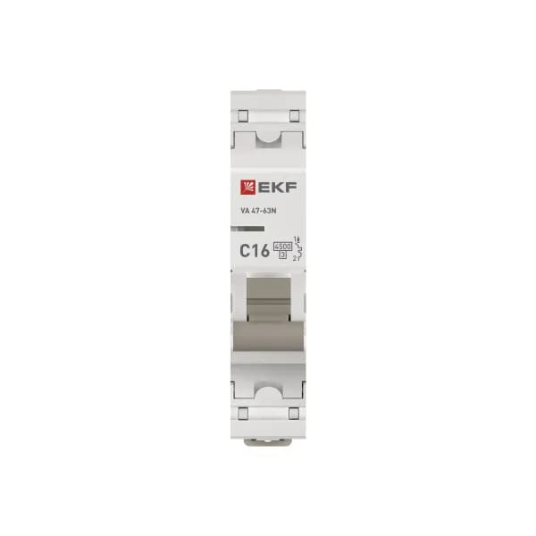 Автоматический выключатель модульный EKF PROxima ВА47-63N 1P, характеристика C, номинальный ток 16А, отключающая способность 4,5кА, артикул M634116C - вид спереди