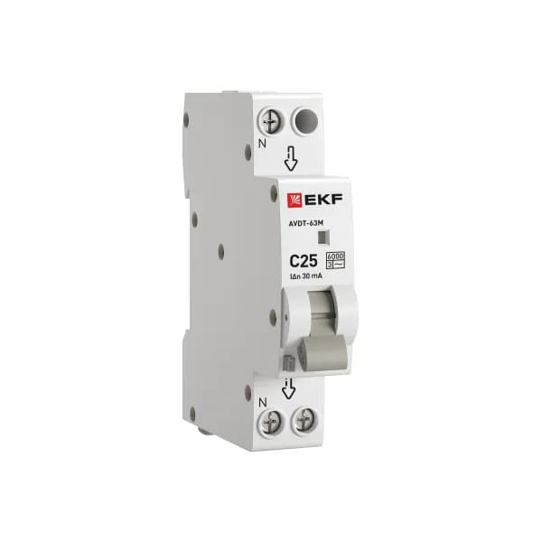 Дифференциальный автомат EKF PROxima АВДТ-63М 1P+N, характеристика C, номинальный ток 25А, ток утечки 30мА, тип AC, отключающая способность 6кА, артикул DA63M-25-30