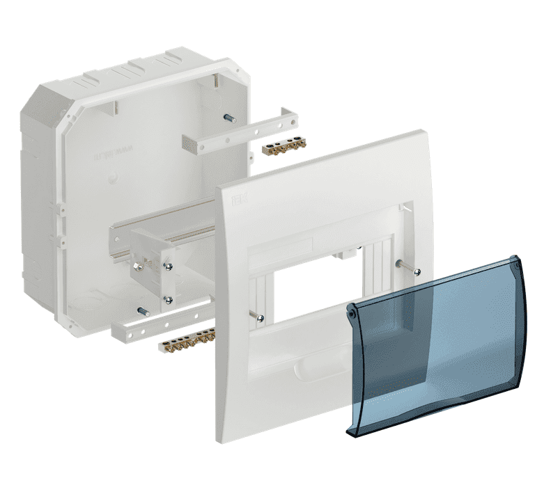 Бокс пластиковый встраиваемый IEK KREPTA 3 MKP12-V-08-40-20, ЩРВ-П-8, на 8 модулей, с прозрачной дверцей, IP41, белый - в разобранном виде
