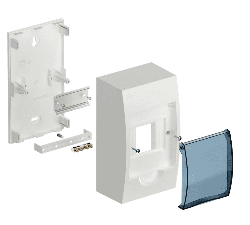 Бокс пластиковый навесной IEK KREPTA 3 MKP12-N-04-40-20, ЩРН-П-4, на 4 модуля, с прозрачной дверцей, IP41, белый - в разобранном виде